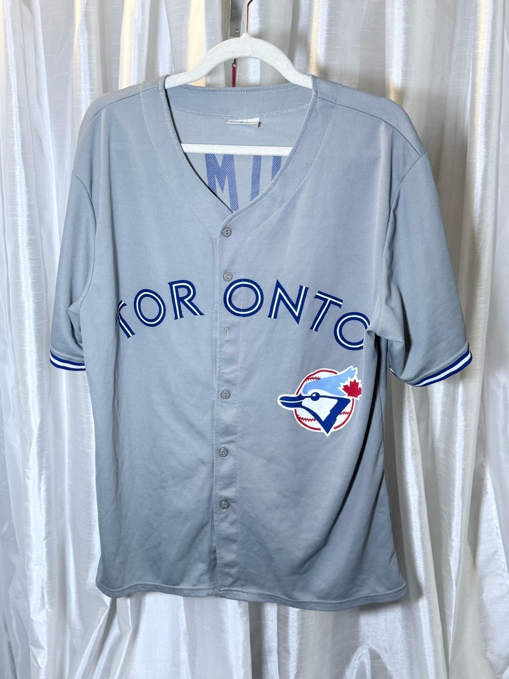 Blue Jays Alomar Gray Button-Front Baseball Jersey with Blue Trim